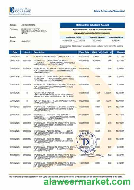 Qatar Doha Bank account e-statement Word and PDF template